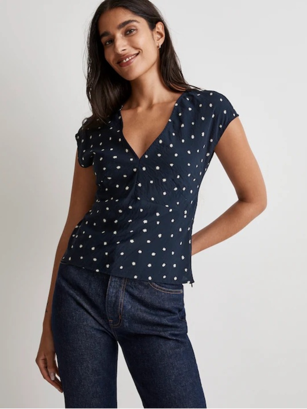 Madewell V-Neck Cap-Sleeve Top Navy Ditsy Floral Size 2